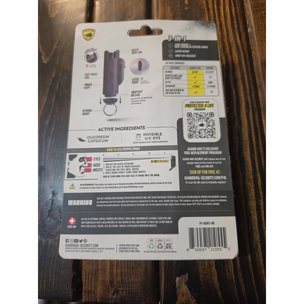 Guard Dog Quick-Action Pepper Spray Keychain W/ Belt Clip Black-Body 16 Feet